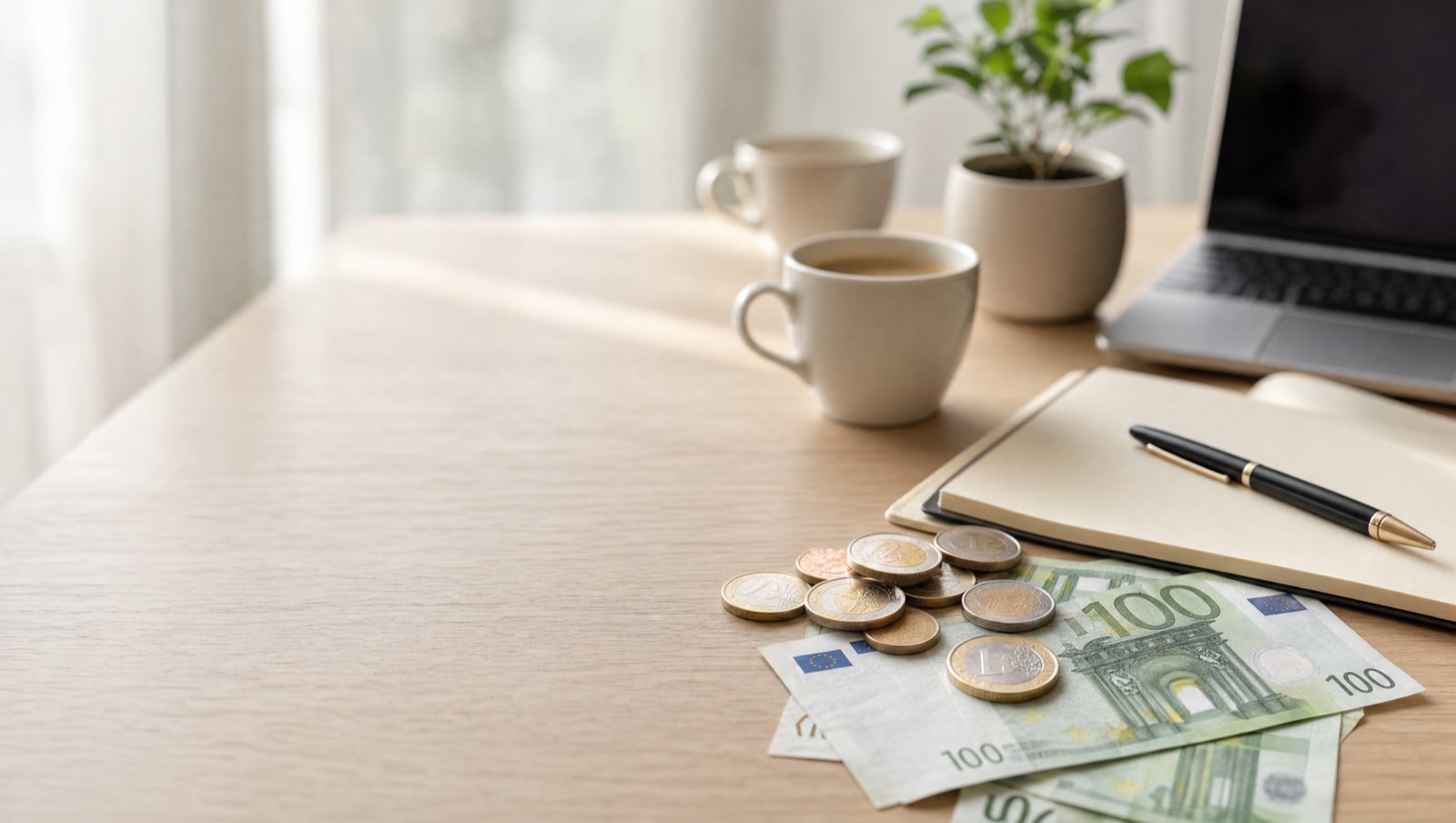 Desk with euro notes, coins and paperwork