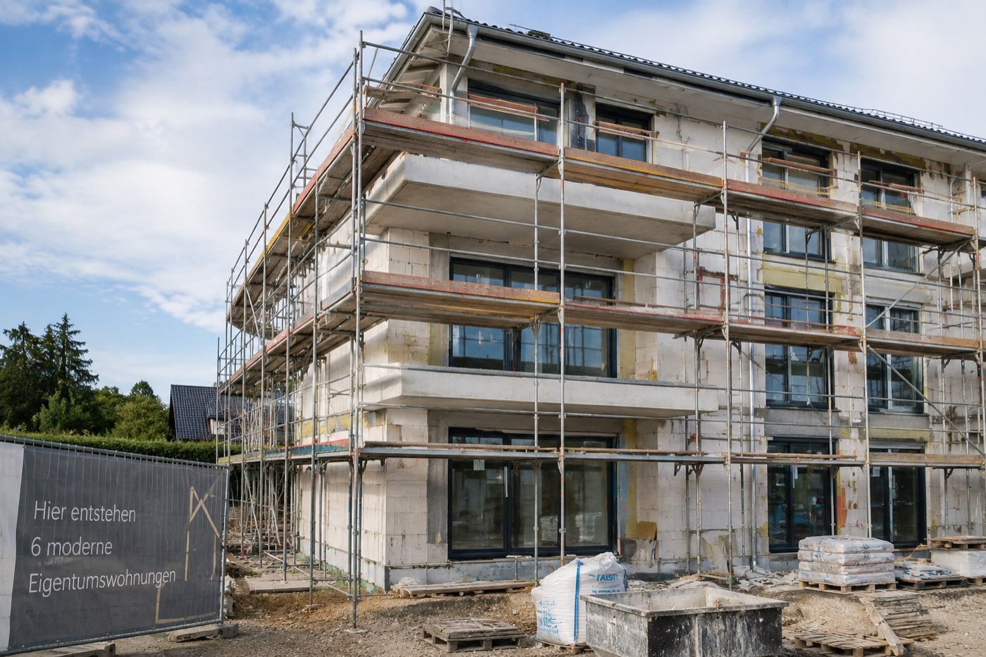 Apartment building shell with scaffolding